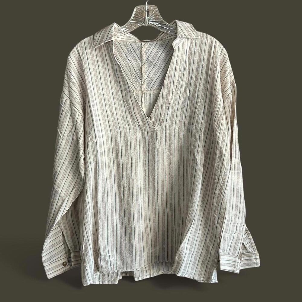 Millibon Women's Stripe Long Sleeve Top Beige Size M Casual Bohemian